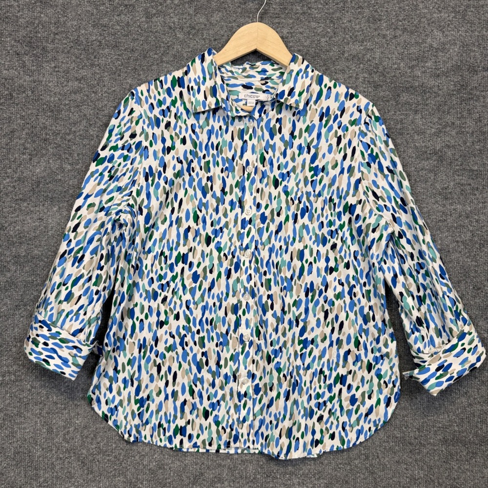 Chico's Sz 2 US 12 Shirt Blouse Blue cotton Blend Geo Print Cuff Sleeves Stretch